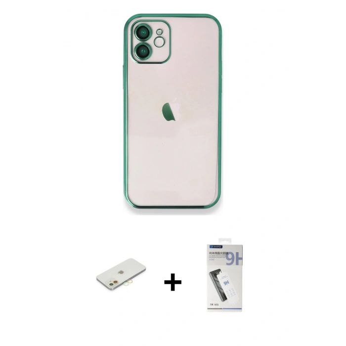 MARSİLYAN™- iPhone 11 Kılıf Vadi Minimal - Şeffaf Uv Polymer Nano Ekran Koruyucu + Turuncu Renkli Kamera Lens Koruma Cam