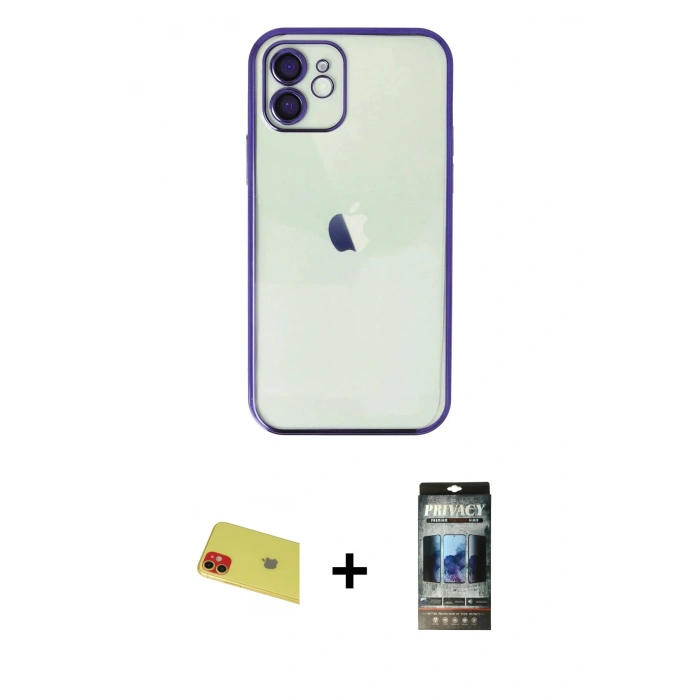 MARSİLYAN™- iPhone 11 Kılıf Vadi Minimal - Siyah 34D Hayalet Izgaralı Cam + Rainbow Kamera Lens Koruma Cam - KI