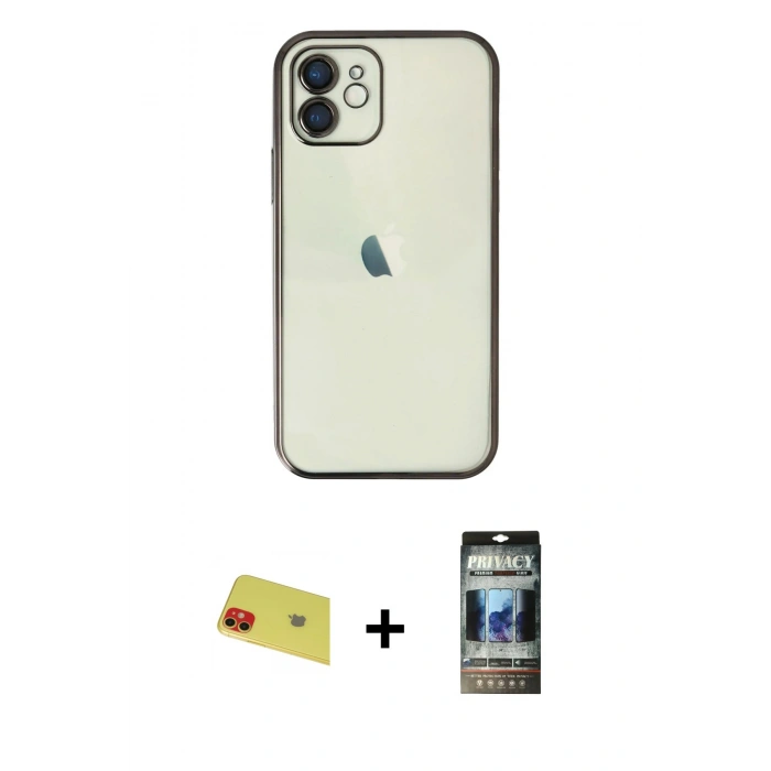 MARSİLYAN™- iPhone 11 Kılıf Vadi Minimal - Siyah 34D Hayalet Izgaralı Cam + Rainbow Kamera Lens Koruma Cam - KI