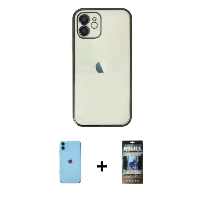 MARSİLYAN™- iPhone 11 Kılıf Vadi Minimal - Siyah 34D Hayalet Izgaralı Cam + Neon Fosforlu Kamera Lens - MI