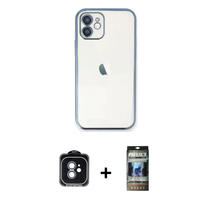 MARSİLYAN™- iPhone 11 Kılıf Vadi Minimal - Siyah 34D Hayalet Izgaralı Cam + PVD Metal Kamera Lens - MI