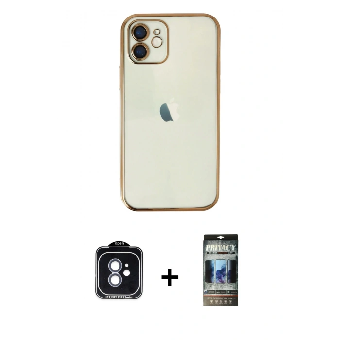 MARSİLYAN™- iPhone 11 Kılıf Vadi Minimal - Siyah 34D Hayalet Izgaralı Cam + PVD Metal Kamera Lens - MI