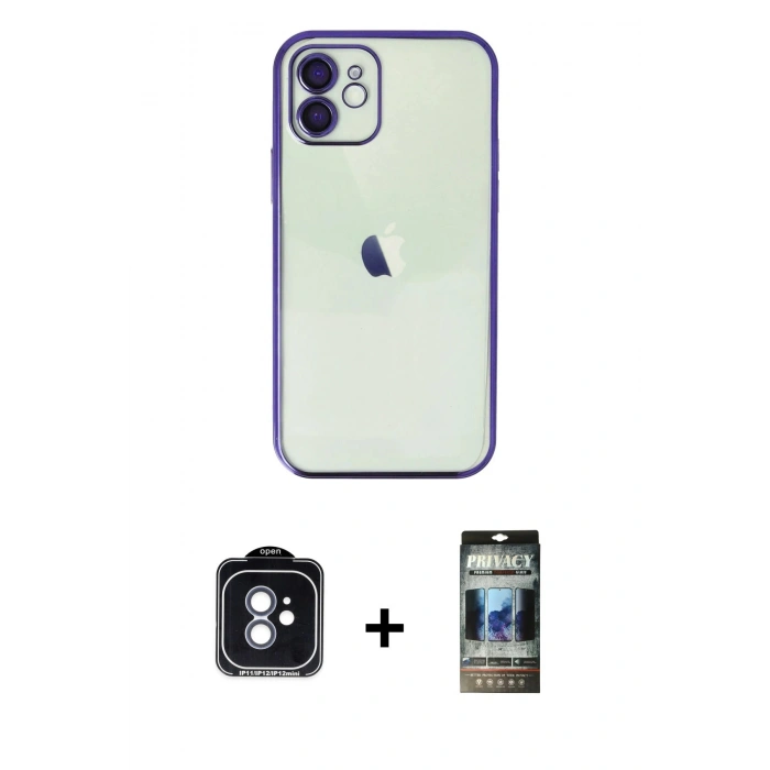 MARSİLYAN™- iPhone 11 Kılıf Vadi Minimal - Siyah 34D Hayalet Izgaralı Cam + PVD Metal Kamera Lens - MI