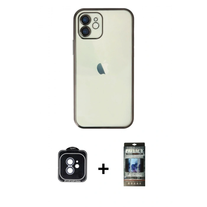 MARSİLYAN™- iPhone 11 Kılıf Vadi Minimal - Siyah 34D Hayalet Izgaralı Cam + PVD Metal Kamera Lens - MI