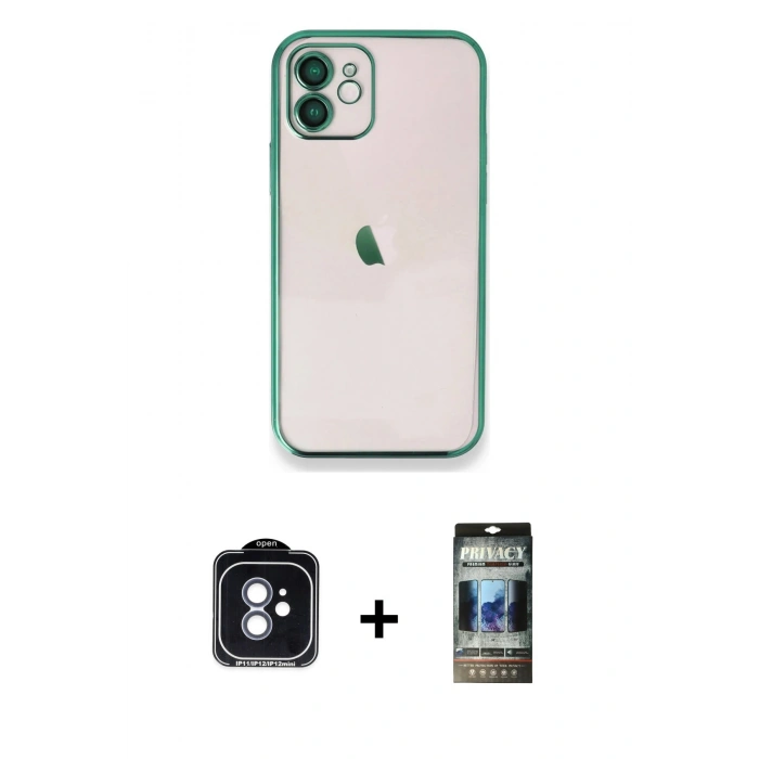 MARSİLYAN™- iPhone 11 Kılıf Vadi Minimal - Siyah 34D Hayalet Izgaralı Cam + PVD Metal Kamera Lens - MI