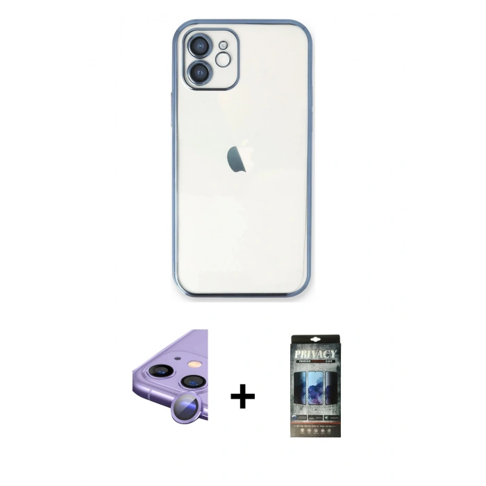 MARSİLYAN™- iPhone 11 Kılıf Vadi Minimal - Siyah 34D Hayalet Izgaralı Cam + Raze Metal Kamera Lens - MR