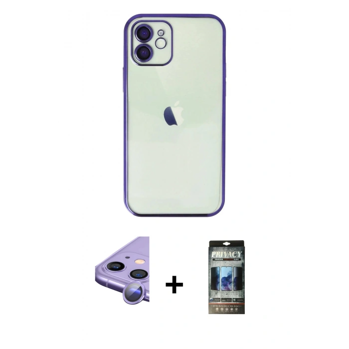 MARSİLYAN™- iPhone 11 Kılıf Vadi Minimal - Siyah 34D Hayalet Izgaralı Cam + Raze Metal Kamera Lens - MR