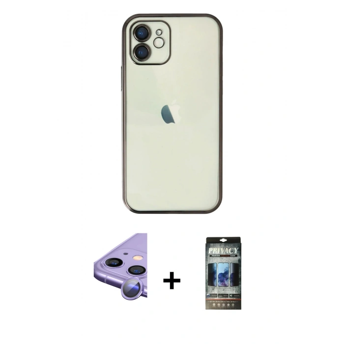 MARSİLYAN™- iPhone 11 Kılıf Vadi Minimal - Siyah 34D Hayalet Izgaralı Cam + Raze Metal Kamera Lens - MR