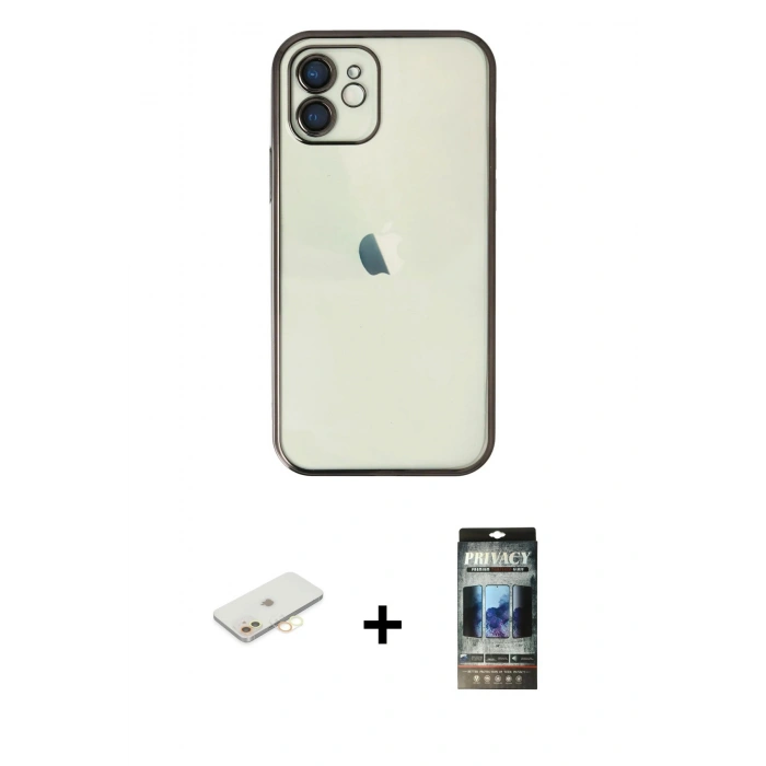 MARSİLYAN™- iPhone 11 Kılıf Vadi Minimal - Siyah 34D Hayalet Izgaralı Cam + Renkli Kamera Lens Koruma Cam - SI