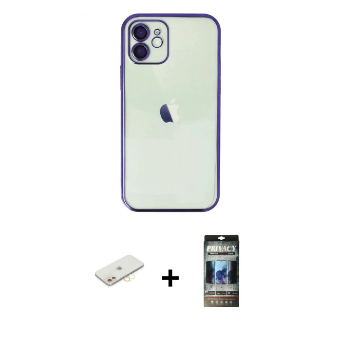 MARSİLYAN™- iPhone 11 Kılıf Vadi Minimal - Siyah 34D Hayalet Izgaralı Cam + Renkli Kamera Lens Koruma Cam - SI