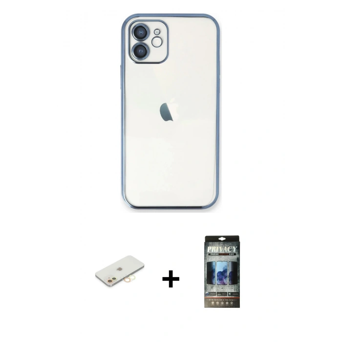 MARSİLYAN™- iPhone 11 Kılıf Vadi Minimal - Siyah 34D Hayalet Izgaralı Cam + Renkli Kamera Lens Koruma Cam - SI