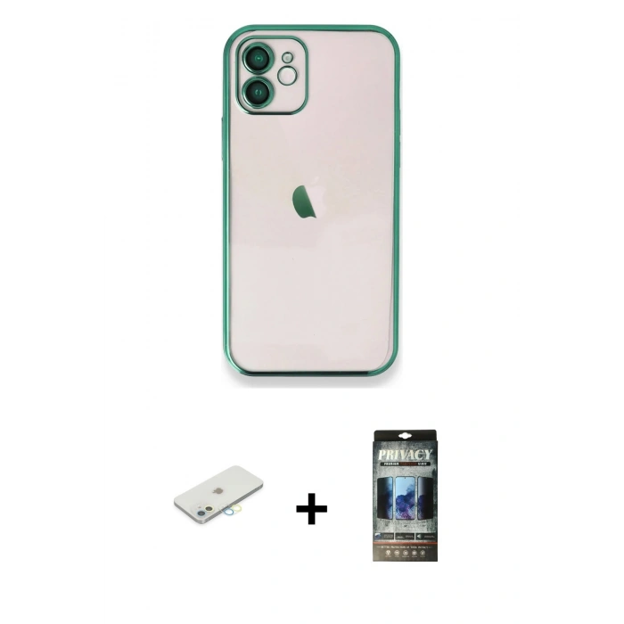 MARSİLYAN™- iPhone 11 Kılıf Vadi Minimal - Siyah 34D Hayalet Izgaralı Cam + Renkli Kamera Lens Koruma Cam - SI