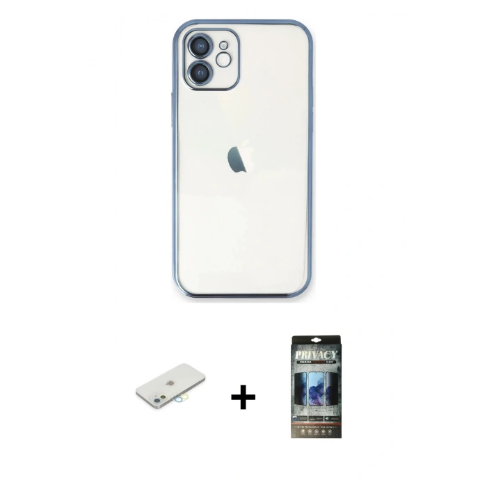 MARSİLYAN™- iPhone 11 Kılıf Vadi Minimal - Siyah 34D Hayalet Izgaralı Cam + Renkli Kamera Lens Koruma Cam - SI