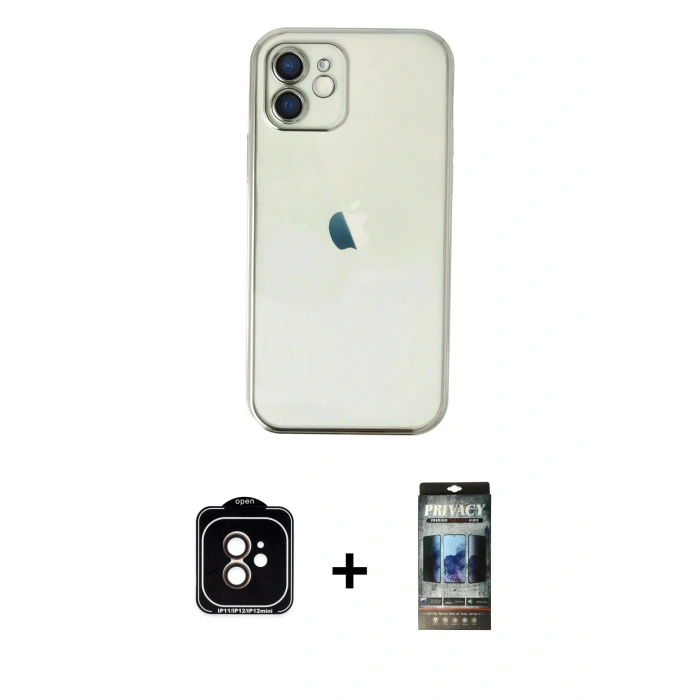MARSİLYAN™- iPhone 11 Kılıf Vadi Minimal - Siyah 34D Hayalet Izgaralı Cam + PVD Metal Kamera Lens - TU