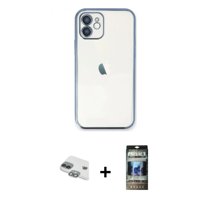 MARSİLYAN™- iPhone 11 Kılıf Vadi Minimal - Siyah 34D Hayalet Izgaralı Cam + Pers Alüminyum Kamera Lens - YL