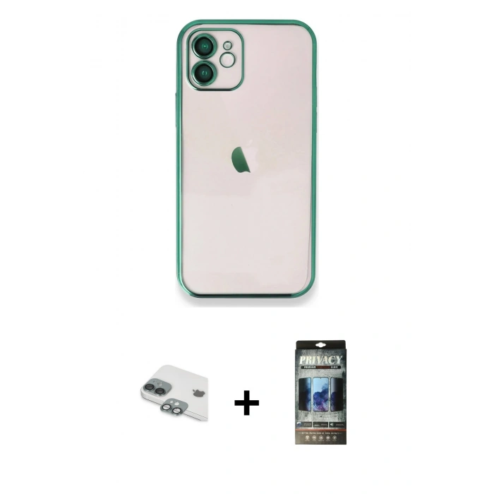 MARSİLYAN™- iPhone 11 Kılıf Vadi Minimal - Siyah 34D Hayalet Izgaralı Cam + Pers Alüminyum Kamera Lens - YL
