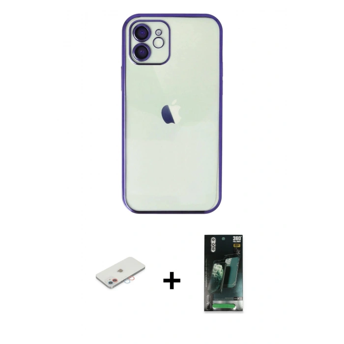 MARSİLYAN™- iPhone 11 Kılıf Vadi Minimal - Siyah 360 Mat Full Body Arka Koruyucu + Renkli Kamera Lens Koruma Cam - PE