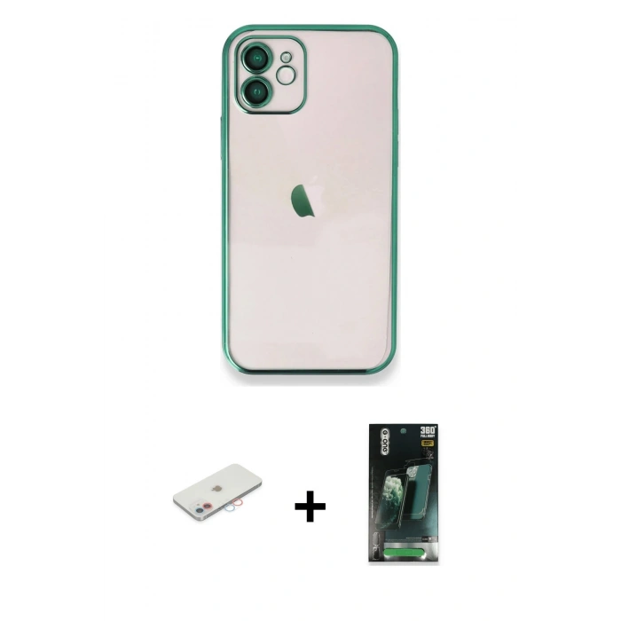 MARSİLYAN™- iPhone 11 Kılıf Vadi Minimal - Siyah 360 Mat Full Body Arka Koruyucu + Renkli Kamera Lens Koruma Cam - PE