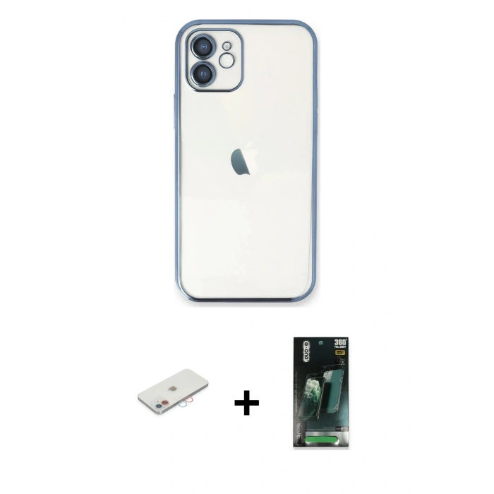 MARSİLYAN™- iPhone 11 Kılıf Vadi Minimal - Siyah 360 Mat Full Body Arka Koruyucu + Renkli Kamera Lens Koruma Cam - PE