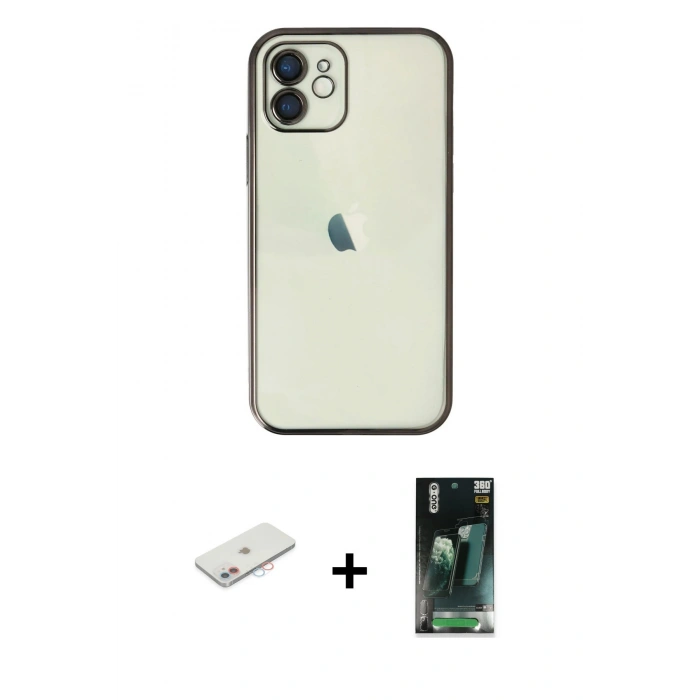 MARSİLYAN™- iPhone 11 Kılıf Vadi Minimal - Siyah 360 Mat Full Body Arka Koruyucu + Renkli Kamera Lens Koruma Cam - PE