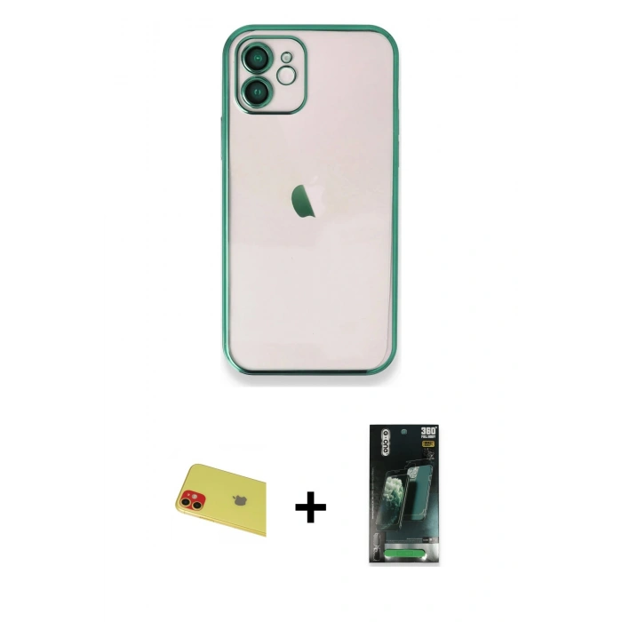 MARSİLYAN™- iPhone 11 Kılıf Vadi Minimal - Siyah 360 Mat Full Body Arka Koruyucu + Rainbow Kamera Lens Koruma Cam - KI