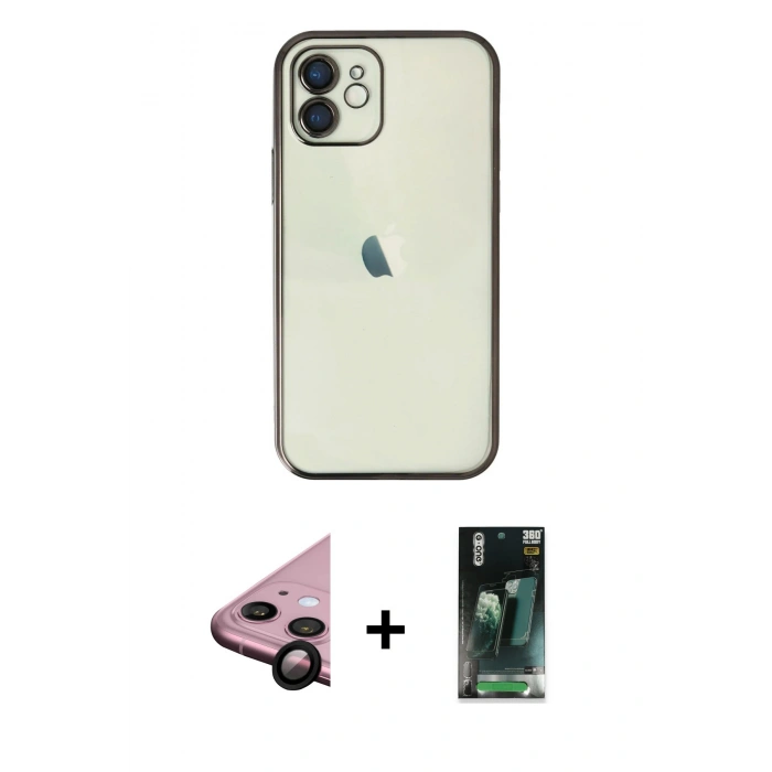 MARSİLYAN™- iPhone 11 Kılıf Vadi Minimal - Siyah 360 Mat Full Body Arka Koruyucu + Raze Metal Kamera Lens - SH