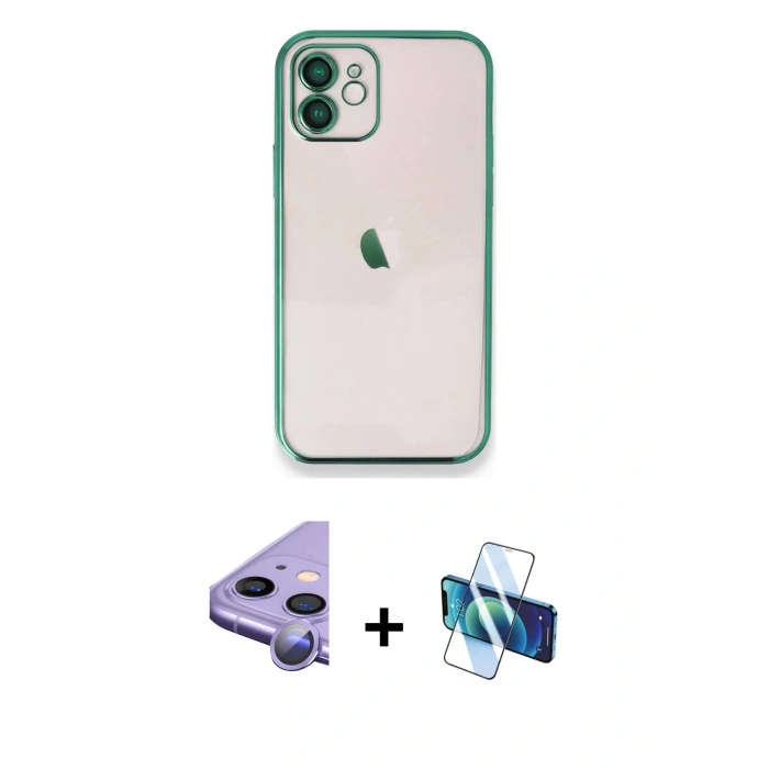 MARSİLYAN™- iPhone 11 Kılıf Vadi Minimal - Siyah 3D Antistatik Cam Ekran Koruyucu + Raze Metal Kamera Lens - MR