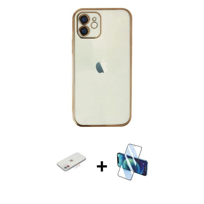 MARSİLYAN™- iPhone 11 Kılıf Vadi Minimal - Siyah 3D Antistatik Cam Ekran Koruyucu + Renkli Kamera Lens Koruma Cam - PE