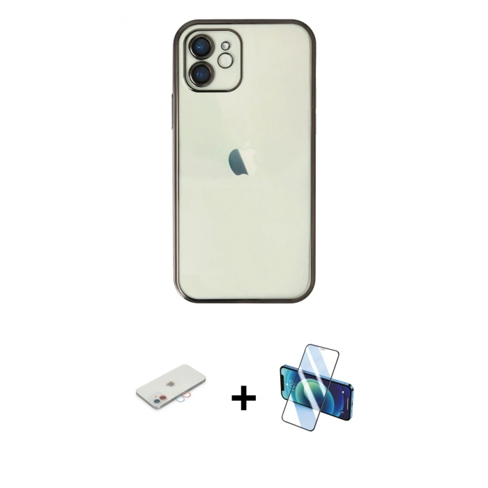 MARSİLYAN™- iPhone 11 Kılıf Vadi Minimal - Siyah 3D Antistatik Cam Ekran Koruyucu + Renkli Kamera Lens Koruma Cam - PE