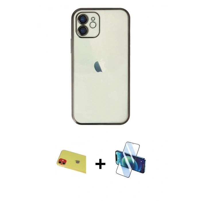 MARSİLYAN™- iPhone 11 Kılıf Vadi Minimal - Siyah 3D Antistatik Cam Ekran Koruyucu + Rainbow Kamera Lens Koruma Cam - KI