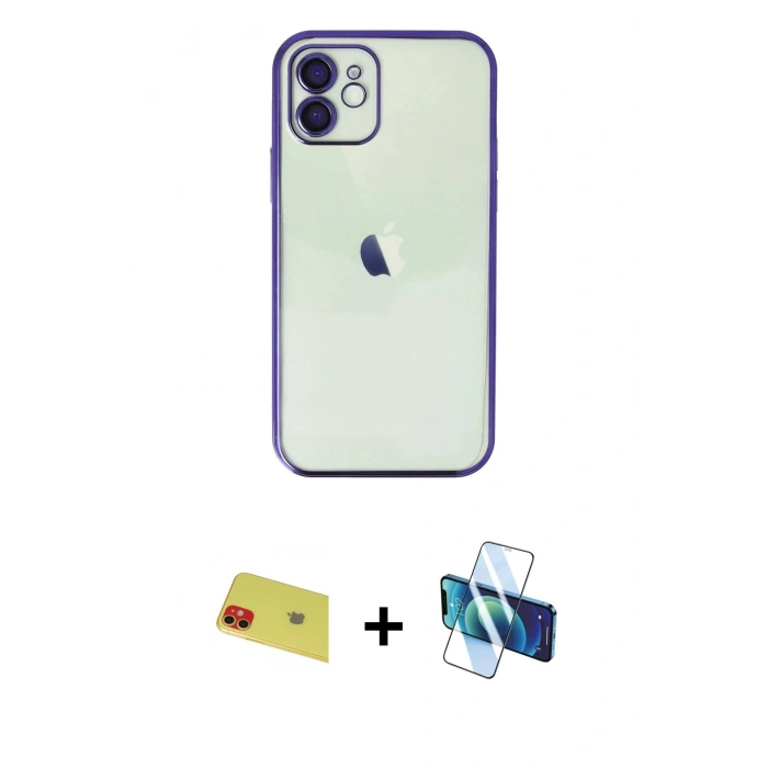 MARSİLYAN™- iPhone 11 Kılıf Vadi Minimal - Siyah 3D Antistatik Cam Ekran Koruyucu + Rainbow Kamera Lens Koruma Cam - KI