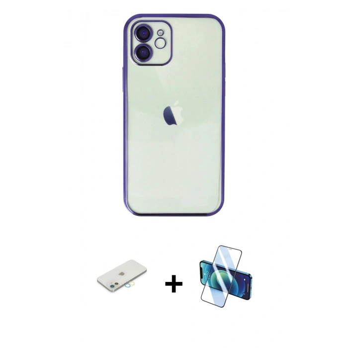 MARSİLYAN™- iPhone 11 Kılıf Vadi Minimal - Siyah 3D Antistatik Cam Ekran Koruyucu + Renkli Kamera Lens Koruma Cam - SI