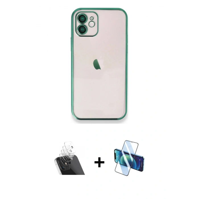 MARSİLYAN™- iPhone 11 Kılıf Vadi Minimal - Siyah 3D Antistatik Cam Ekran Koruyucu + Kamera Lens Koruma Cam - SF