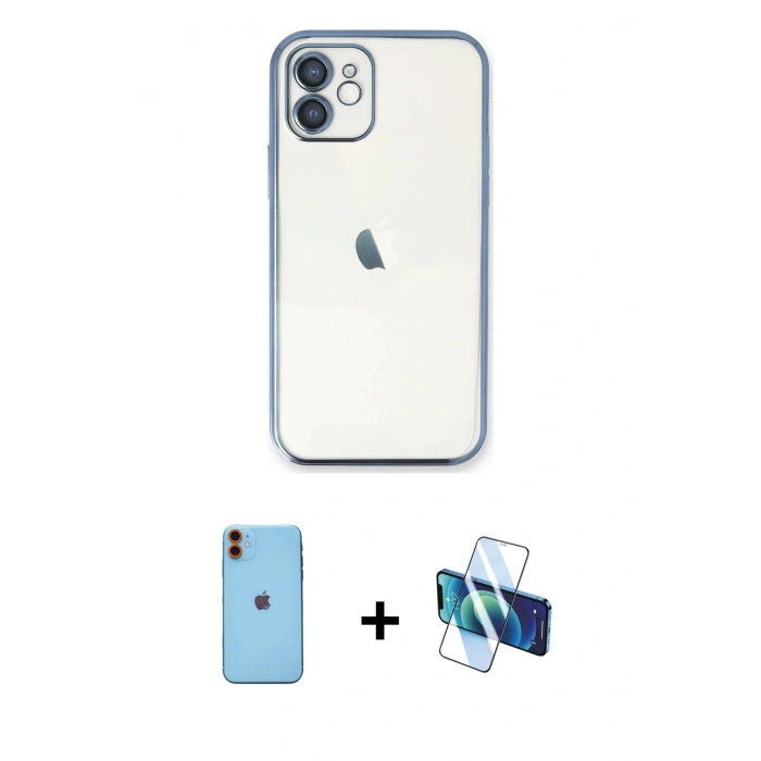 MARSİLYAN™- iPhone 11 Kılıf Vadi Minimal - Siyah 3D Antistatik Cam Ekran Koruyucu + Neon Fosforlu Kamera Lens - TU