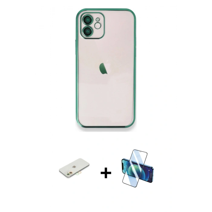 MARSİLYAN™- iPhone 11 Kılıf Vadi Minimal - Siyah 3D Antistatik Cam Ekran Koruyucu + Renkli Kamera Lens Koruma Cam - TU