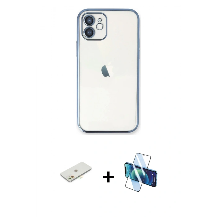 MARSİLYAN™- iPhone 11 Kılıf Vadi Minimal - Siyah 3D Antistatik Cam Ekran Koruyucu + Renkli Kamera Lens Koruma Cam - TU