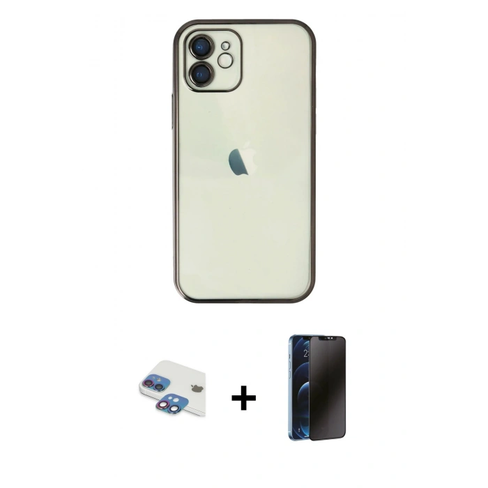 MARSİLYAN™- iPhone 11 Kılıf Vadi Minimal - Siyah 3D Antistatik Hayalet Cam Ekran Koruyucu + Pers Alüminyum Kamera Lens - GI