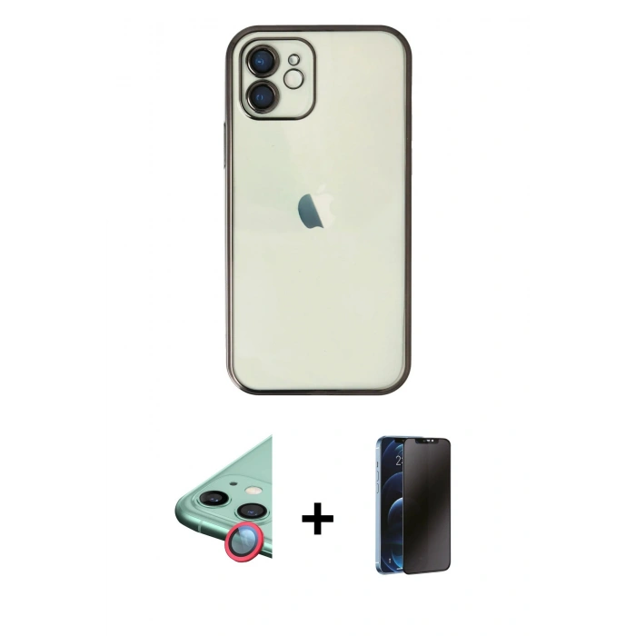 MARSİLYAN™- iPhone 11 Kılıf Vadi Minimal - Siyah 3D Antistatik Hayalet Cam Ekran Koruyucu + Raze Metal Kamera Lens - KI