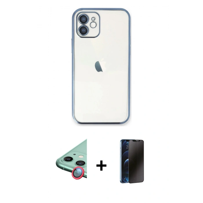 MARSİLYAN™- iPhone 11 Kılıf Vadi Minimal - Siyah 3D Antistatik Hayalet Cam Ekran Koruyucu + Raze Metal Kamera Lens - KI