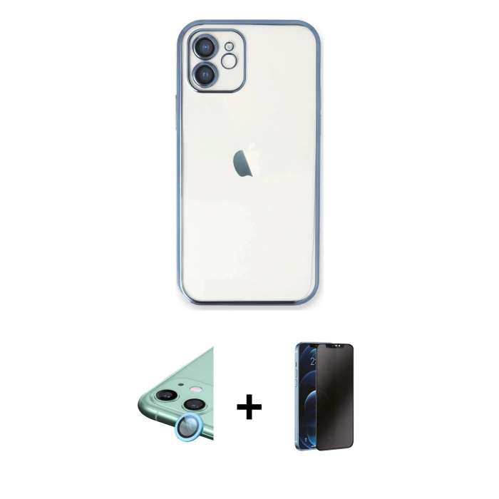 MARSİLYAN™- iPhone 11 Kılıf Vadi Minimal - Siyah 3D Antistatik Hayalet Cam Ekran Koruyucu + Raze Metal Kamera Lens - MI