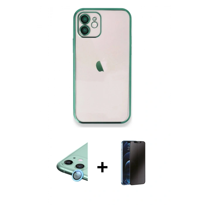 MARSİLYAN™- iPhone 11 Kılıf Vadi Minimal - Siyah 3D Antistatik Hayalet Cam Ekran Koruyucu + Raze Metal Kamera Lens - MI