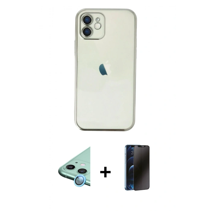 MARSİLYAN™- iPhone 11 Kılıf Vadi Minimal - Siyah 3D Antistatik Hayalet Cam Ekran Koruyucu + Raze Metal Kamera Lens - MI