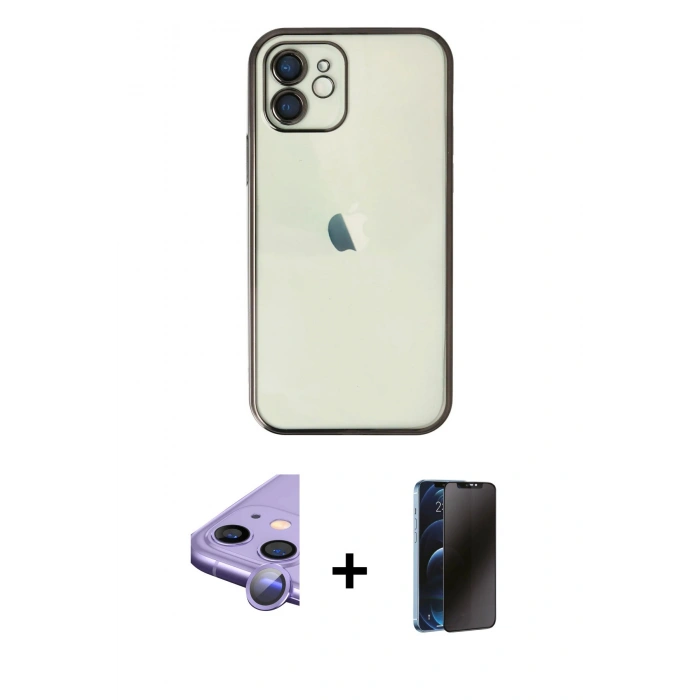 MARSİLYAN™- iPhone 11 Kılıf Vadi Minimal - Siyah 3D Antistatik Hayalet Cam Ekran Koruyucu + Raze Metal Kamera Lens - MR