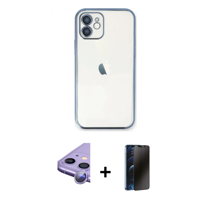 MARSİLYAN™- iPhone 11 Kılıf Vadi Minimal - Siyah 3D Antistatik Hayalet Cam Ekran Koruyucu + Raze Metal Kamera Lens - MR