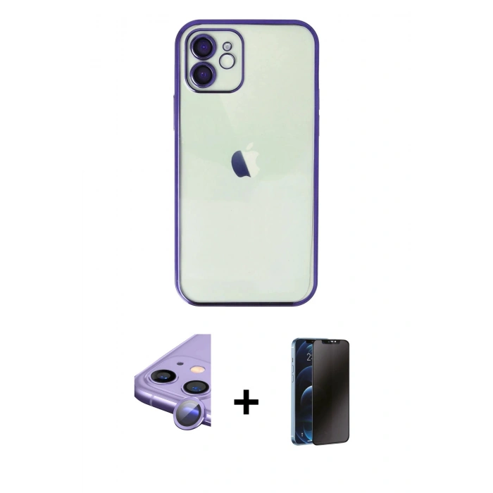 MARSİLYAN™- iPhone 11 Kılıf Vadi Minimal - Siyah 3D Antistatik Hayalet Cam Ekran Koruyucu + Raze Metal Kamera Lens - MR