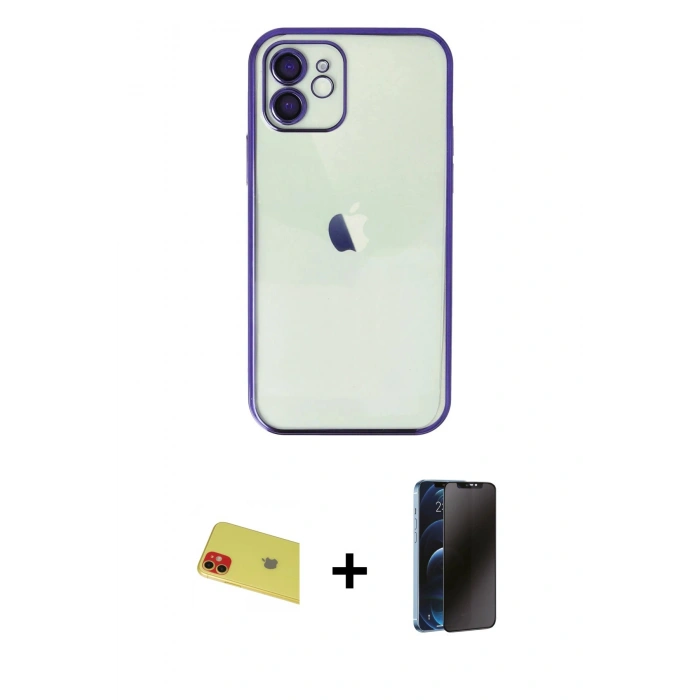 MARSİLYAN™- iPhone 11 Kılıf Vadi Minimal - Siyah 3D Antistatik Hayalet Cam Ekran Koruyucu + Rainbow Kamera Lens Koruma Cam - KI