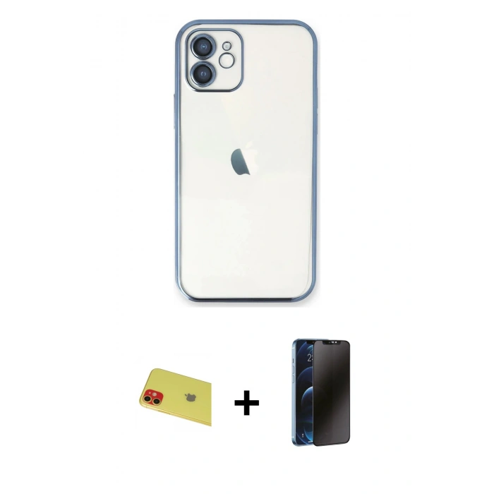 MARSİLYAN™- iPhone 11 Kılıf Vadi Minimal - Siyah 3D Antistatik Hayalet Cam Ekran Koruyucu + Rainbow Kamera Lens Koruma Cam - KI