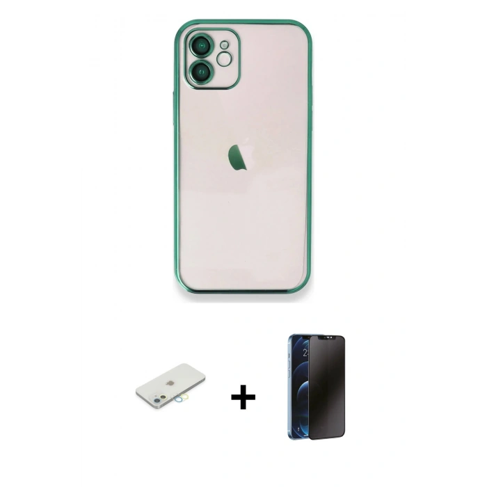 MARSİLYAN™- iPhone 11 Kılıf Vadi Minimal - Siyah 3D Antistatik Hayalet Cam Ekran Koruyucu + Renkli Kamera Lens Koruma Cam - SI