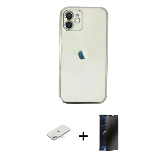 MARSİLYAN™- iPhone 11 Kılıf Vadi Minimal - Siyah 3D Antistatik Hayalet Cam Ekran Koruyucu + Renkli Kamera Lens Koruma Cam - SI