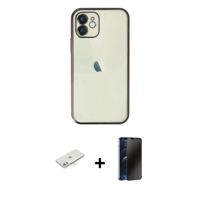 MARSİLYAN™- iPhone 11 Kılıf Vadi Minimal - Siyah 3D Antistatik Hayalet Cam Ekran Koruyucu + Renkli Kamera Lens Koruma Cam - SI